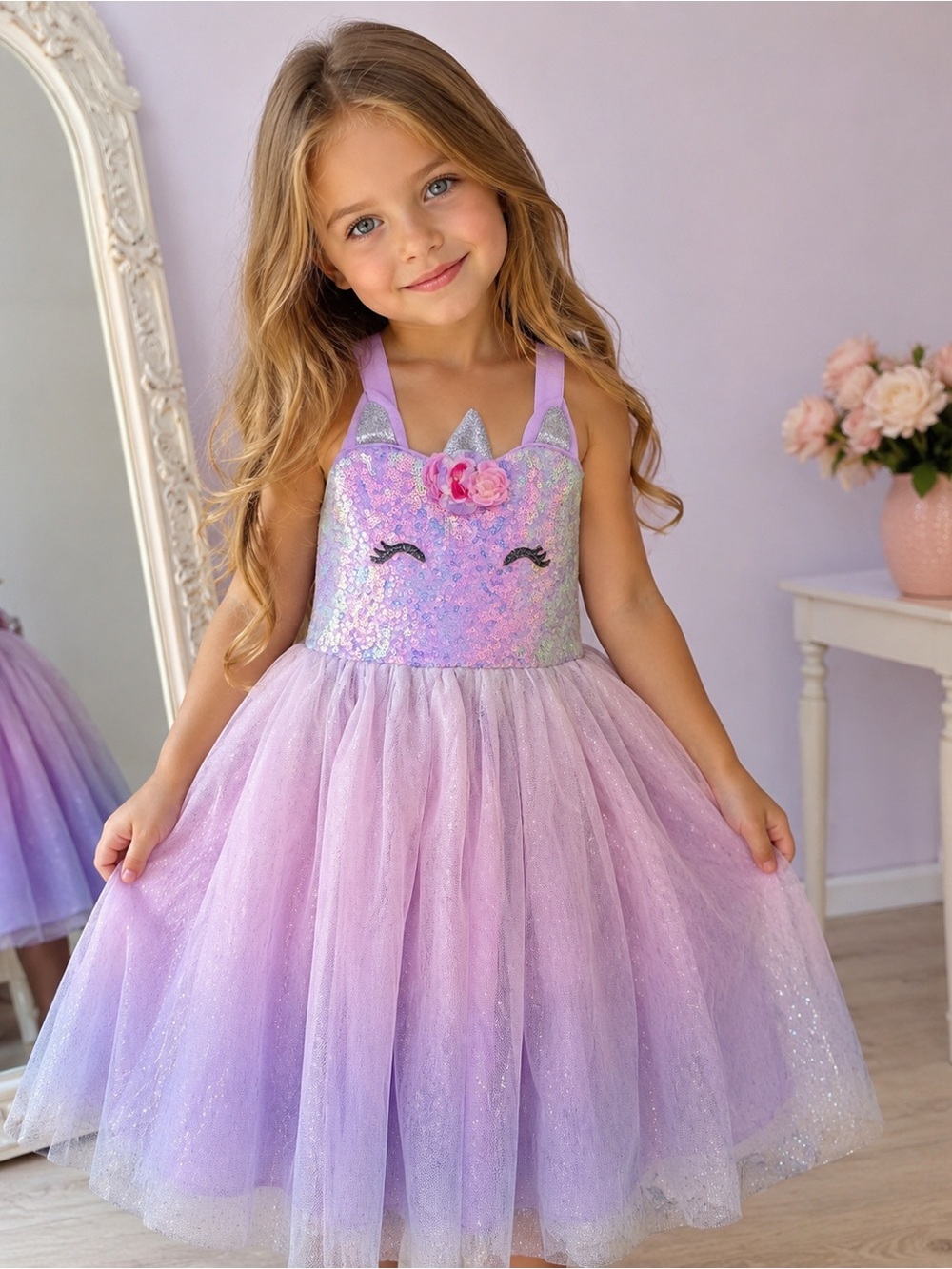 Pink & Violet Unicorn Dress Girls Size 5 Sequin Tulle Princess Party Worn Once